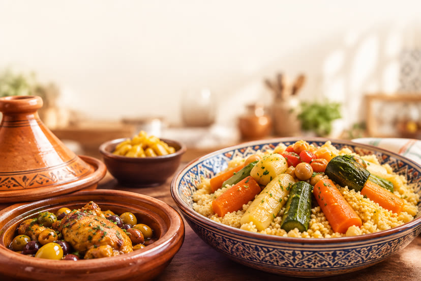 Couscous aux légumes et tajine aux olives, servis sur une table familiale